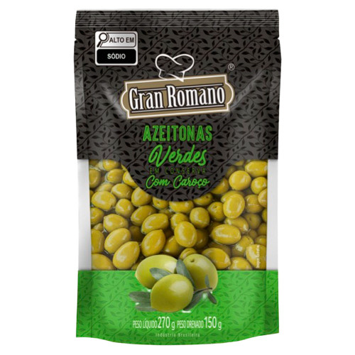 AZEITONAS VERDES GRAN ROMANO SACHÊ 150GR COM CAROÇO - CX COM 18 UN