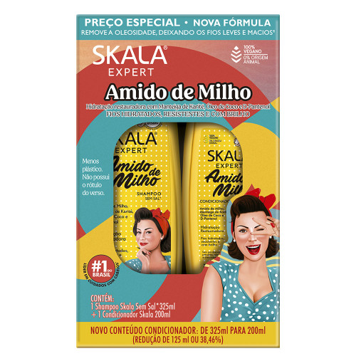 KIT SKALA SHAMPOO 325ML/ CONDICIONADOR 200ML AMIDO DE MILHO - CX COM 3 UN