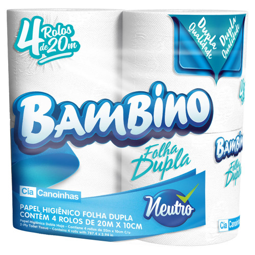 PAPEL HIGIÊNICO BAMBINO C/4 ROLOS 20 METROS FOLHA DUPLA - FD COM 24 PC