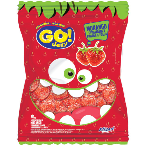 BALA GELATINA RICLAN GO JELLY 70GR MORANGOS - CX COM 12 UN
