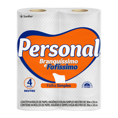 PAPEL HIGIÊNICO PERSONAL NEUTRO C/4 ROLOS 30 METROS FOLHA SIMPLES - FD COM 15 PC