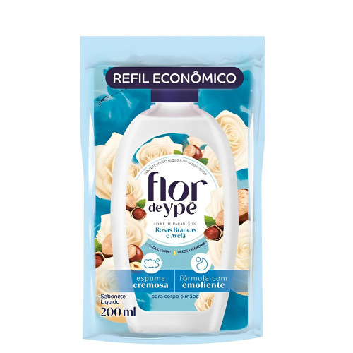 SABONETE LÍQUIDO FLOR DE YPÊ REFIL 200ML ROSAS BRANCAS E AVELÃ - CX COM 12 UN