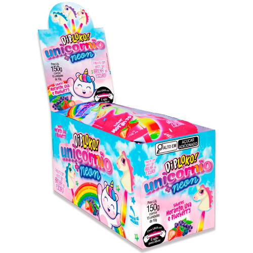 PIRULITO DIP LOKO NEON SORTIDOS 150GR UNICÓRNIO - DP COM 15 UN