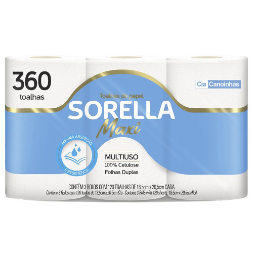 PAPEL TOALHA SORELLA MAXI COM 3 ROLOS 360 FOLHAS - FD COM 4 PC