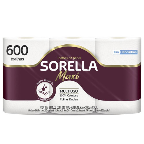 PAPEL TOALHA SORELLA MAXI COM 3 ROLOS 600 FOLHAS - FD COM 4 PC