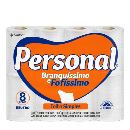PAPEL HIGIÊNICO PERSONAL NEUTRO 8X30MT FOLHA SIMPLES - FD COM 8 PC