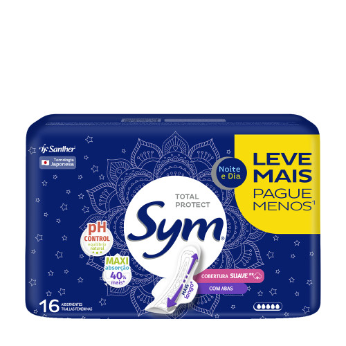 ABSORVENTE SYM C/ 16UN NOTURNO COM ABAS SUAVE - UNIDADE