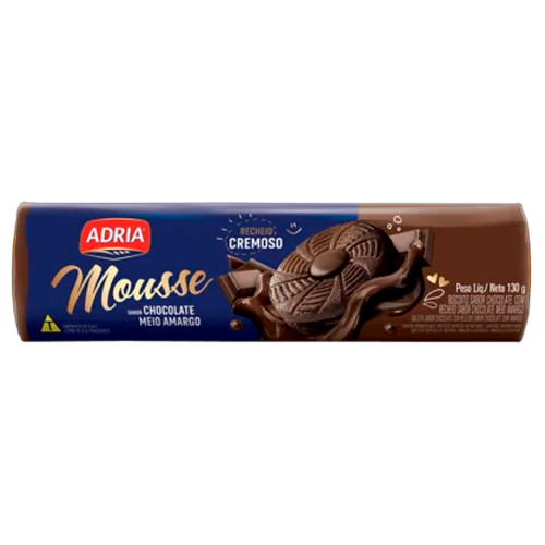 BISCOITO RECHEADO MOUSSE ADRIA 130GR  MEIO AMARGO - CX COM 50 PC