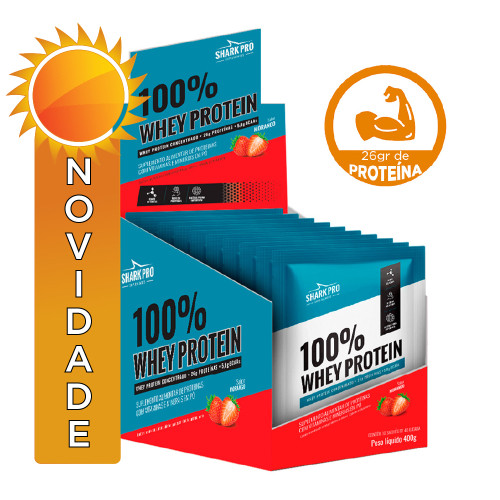 WHEY PROTEIN 100% SHARK PRO SACHÊ 40GR MORANGO - DP COM 10 UN