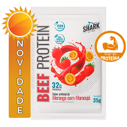 WHEY BEEF PROTEIN SHARK PRO SACHÊ 35GR MORANGO COM MARACUJÁ - DP COM 10 UN